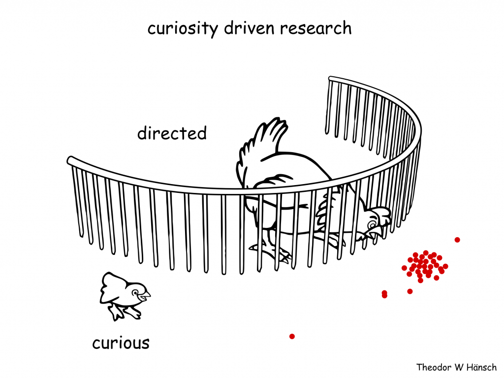 Chicken and chick cartoon on curiosity driven vs directed research.